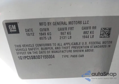 2013 Chevrolet Cruze 1Lt Auto из США, поврежденный, VIN 1G1PC5SB3D7155004